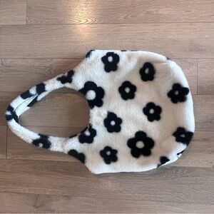Floral Faux Fur Tote Bag in Black and White